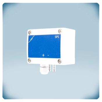 HVAC sensor in a light grey enclosure for harsh environments, blue front label,