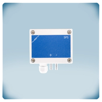 Differential pressure sensor in a light grey enclosure, blue front label