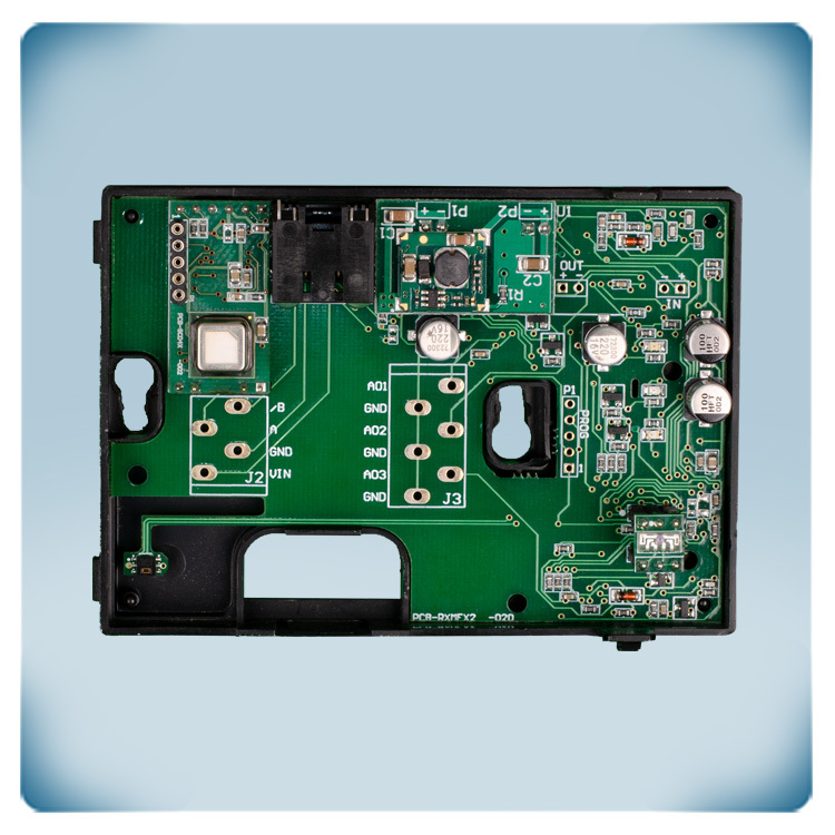 Transmisor NDIR de CO2 para instalación en edificios de oficinas Caja de plástico negra, placa de circuito verde, componentes electrónicos